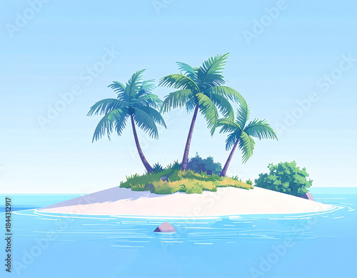 Simple Cartoon Illustration,Vacation and Travel Concept: Isolated Sandy Beach Island Surrounded by Ocean.