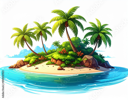 Simple Cartoon Illustration,Vacation and Travel Concept: Isolated Sandy Beach Island Surrounded by Ocean.