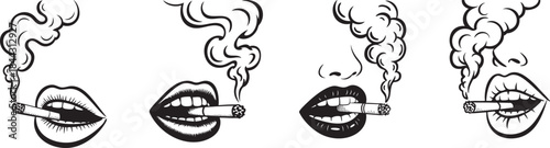 smoking lips illustration set with cigarette and smoke black ink style