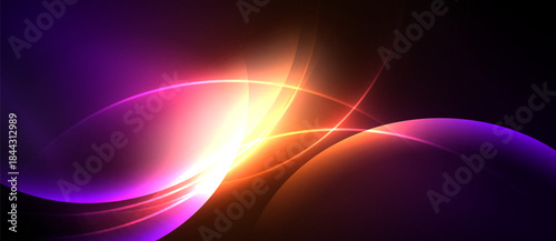 Abstract vibrant curves, glowing light. Purple, orange, pink hues blend seamlessly. Dynamic energy radiates from central point.