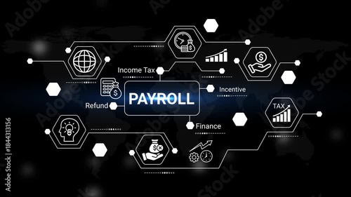 this image depicts a network of financial concepts surrounding payroll including income tax refunds incentives finance and global economic connections illustrated with icons high quality professional