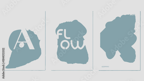 A set of three abstract blue and white artistic lettering designs with flow typography