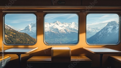 Wallpaper Mural Scenic View of Snowy Mountains from Inside a Train with Tables and Seating Torontodigital.ca