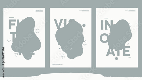 Three modern gray posters with abstract shapes and letters on white background, creative design elements
