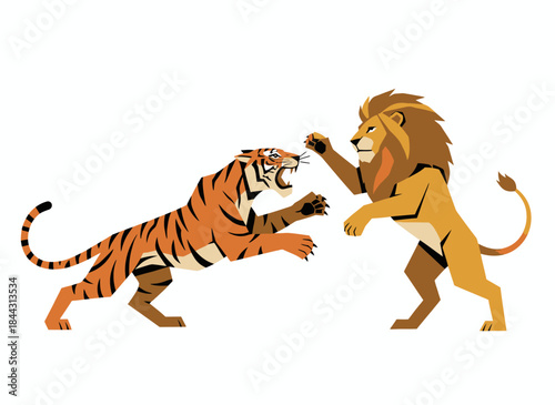 Dynamic Illustration of a Tiger and Lion in an Intense Confrontation, Symbolizing Power and Rivalry