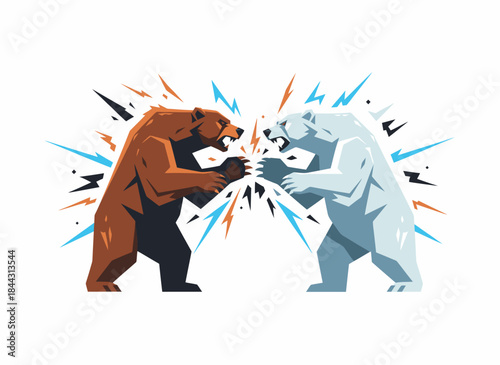 Illustration of two bears, one brown and one white, facing off with lightning bolts between them
