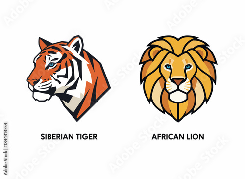 Striking vector icons showcasing the fierce Siberian tiger and the regal African lion