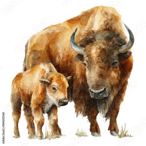 Buffalo With Its Baby in watercolor style, vector illustration, isolated on white background.