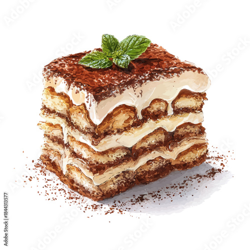 Watercolor painting of Tiramisu Cake, vector illustration, isolated on white background.