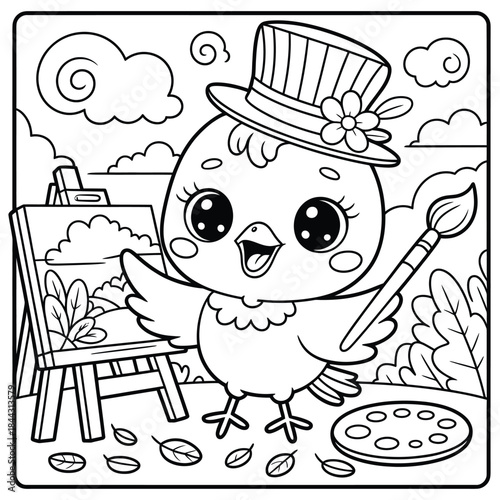 Cute cartoon chick wearing a hat holding a paintbrush with easel and palette bird animal