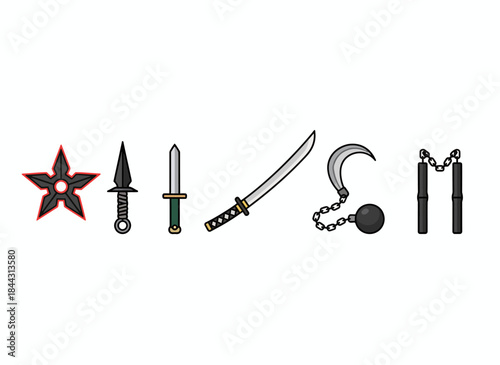 Collection of Japanese Weapons Shuriken, Kunai, Katana, Kusarigama, and Nunchaku