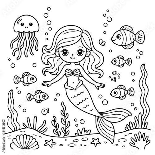 Cute cartoon mermaid swimming with fish jellyfish and seashells underwater coloring page starfish