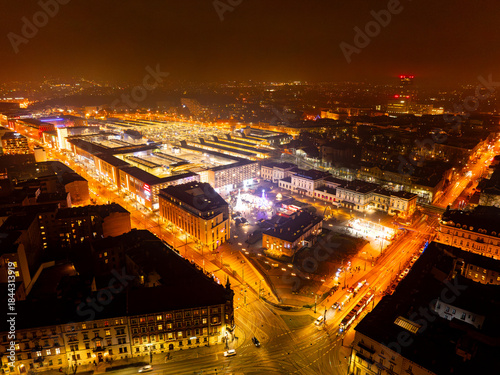 Kraków Transport Hub: Aerial Night View of Main Railway Station and Galeria Krakowska