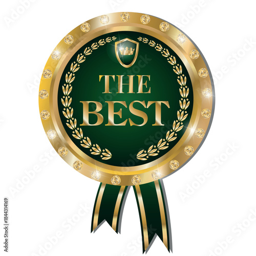 best choice label. Realistic golden-green label icon, with ribbon. "The Best" medal with gold edging and diamonds.  Vector drawing of a label icon with text. 