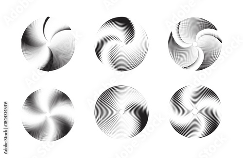 Abstract dotted halftone spiral discs with radial motion vector illustration.