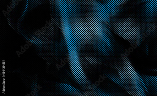 Retro pop art wavy fabric halftone in blue on black abstract vector background.