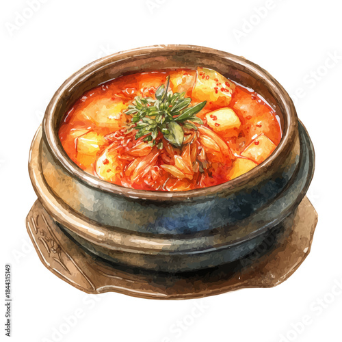 Watercolor illustration of Kimchi Stew, vector artwork, isolated on white background.