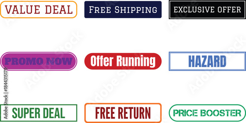 nine different promotional labels and stickers on a white background