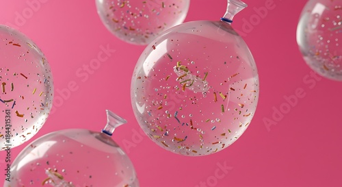Transparent balloons filled with confetti floating against a pink backdrop