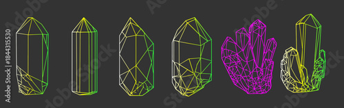 Wireframe vector Design Crystal Set Gemstone Mineral Geology Geometry Concept Quartz Diamond Amethyst Prism 3D Model Game Asset Holographic Neon Line Art Collection Graphic 
