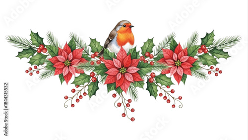 Christmas Border Garland with White Poinsettia Flowers and Winter Bird Watercolor Illustration