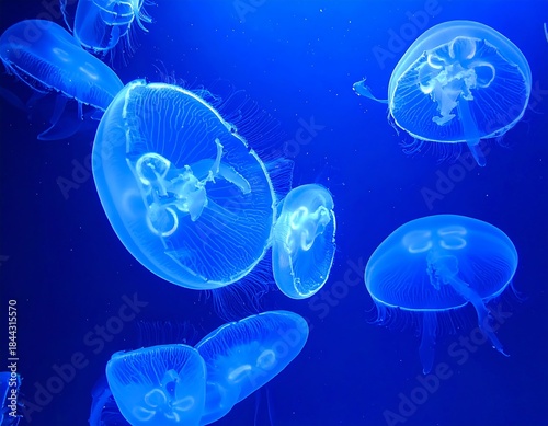 Transparent, bioluminescent jellyfish drift in a deep blue ocean, illuminated, ethereal, and magical