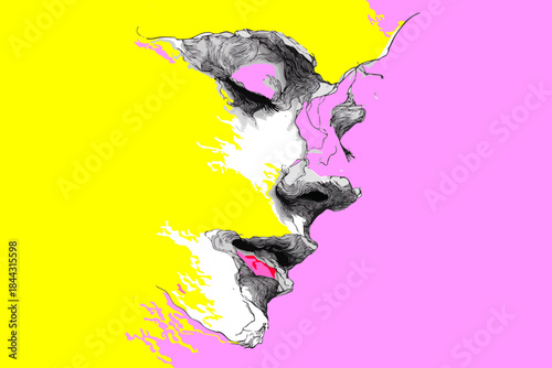 Fragmented Face Pop vector  Art Illustration Pink Yellow Background Identity Crisis Surreal Portrait Graphic Design Element Split Personality Modern Art Colorful Silhouette Concept
