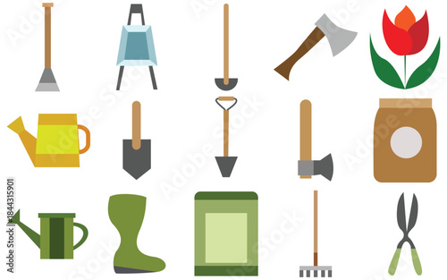 Hand Drawn Gardening Elements Set with Plants, Flowers, and Tools, Isolated Doodle Vector Illustration
