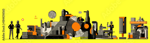 Heavy Industry Machine Collage Yellow Grey Factory Equipment Manufacturing Process Engineering Technology Construction Mining Gear Graphic Concept Banner

