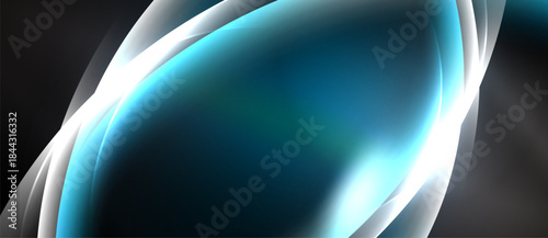 Abstract background features flowing curves, vibrant teal center, bright white highlights, dark shadows. Smooth gradients create dynamic visual effect.
