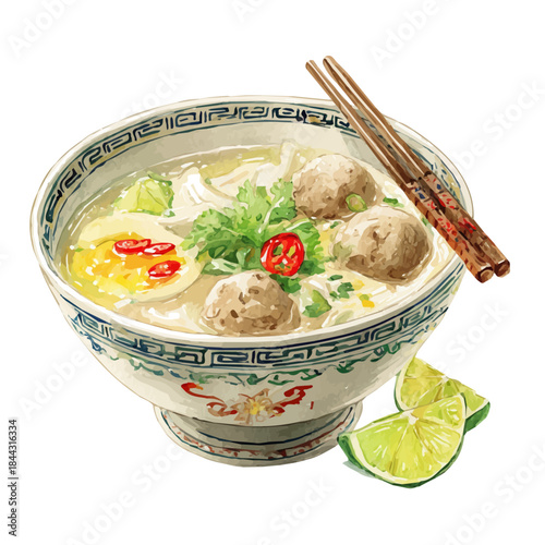 Bakso in watercolor style, vector illustration, isolated on white background.