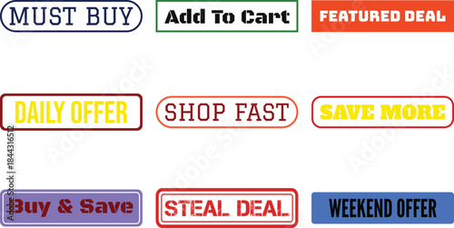 Eight colorful shopping offer labels and buttons on a white background