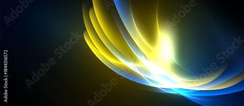 Abstract light curves radiate from bright center. Yellow, blue hues blend into dark background. Dynamic energy flows, creating visual impact.