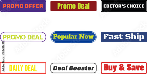 nine different colored promo labels isolated on white background