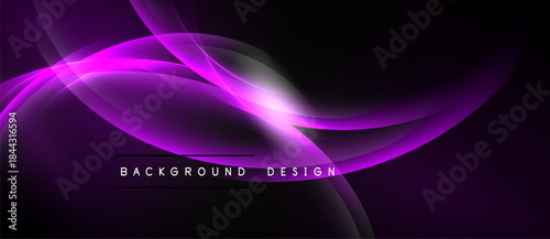 Abstract purple waves over black background. Elegant design with bright central glow. Text reads background design. Simple, modern aesthetic.