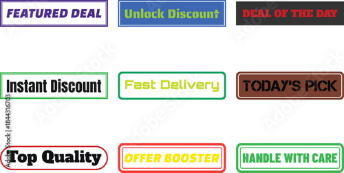 Nine rectangular and rounded rectangular labels with various promotional phrases on a white background