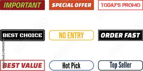 Nine colorful promotional labels and stickers on a white background