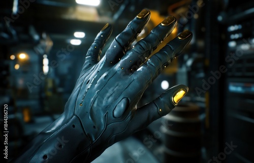 Wallpaper Mural Futuristic Bionic Hand with Gold Fingertips and Illuminated Details in a Sci-Fi Setting Torontodigital.ca