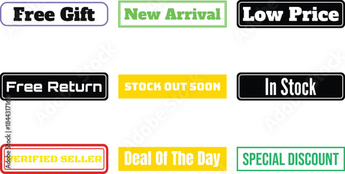 Nine rectangular labels with various promotional phrases on white background