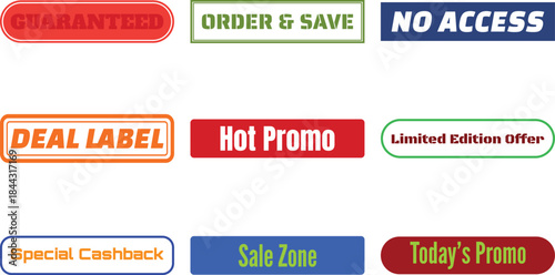 Nine colorful promotional labels on a white background