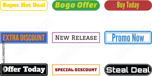 Nine colorful promotional stickers and labels on a white background