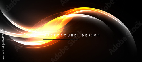 Abstract orange light curves over black background. Smooth lines create dynamic energy flow, modern design element.