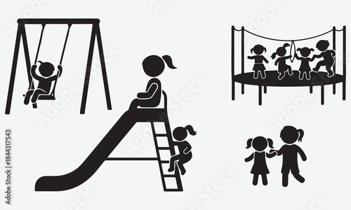 Children Playing on Playground Equipment: Swing, Slide, Trampoline, and Friends