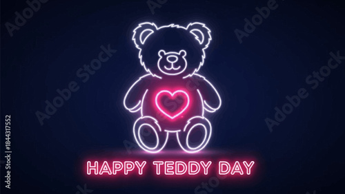 Neon teddy bear with heart on chest and Happy Teddy Day text on dark background