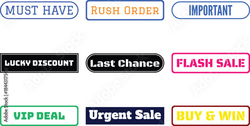 eight colorful sale and discount labels on a white background