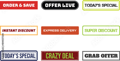 colorful rectangular and oval labels with promotional text on white background