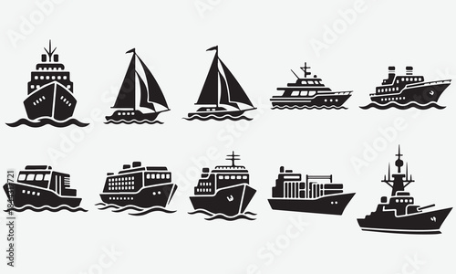 Collection of Diverse Ship Silhouettes on Water