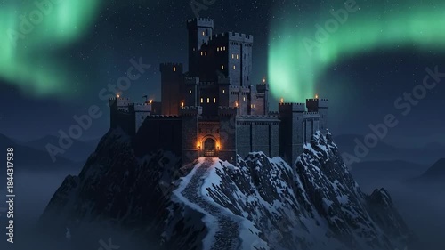 Mystical Castle Under Aurora Borealis - A Nighttime Fantasy Landscape.