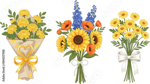Beautiful mixed flower bouquet illustration set featuring chrysanthemums, sunflowers, poppies, and daisies with decorative ribbons, perfect for botanical, seasonal, and creative vector design projects