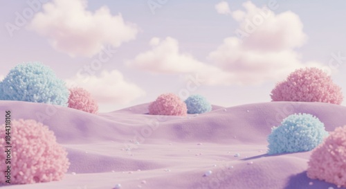 Pastel Landscape with Pink and Blue Shrubs Under a Cloudy Lilac Sky